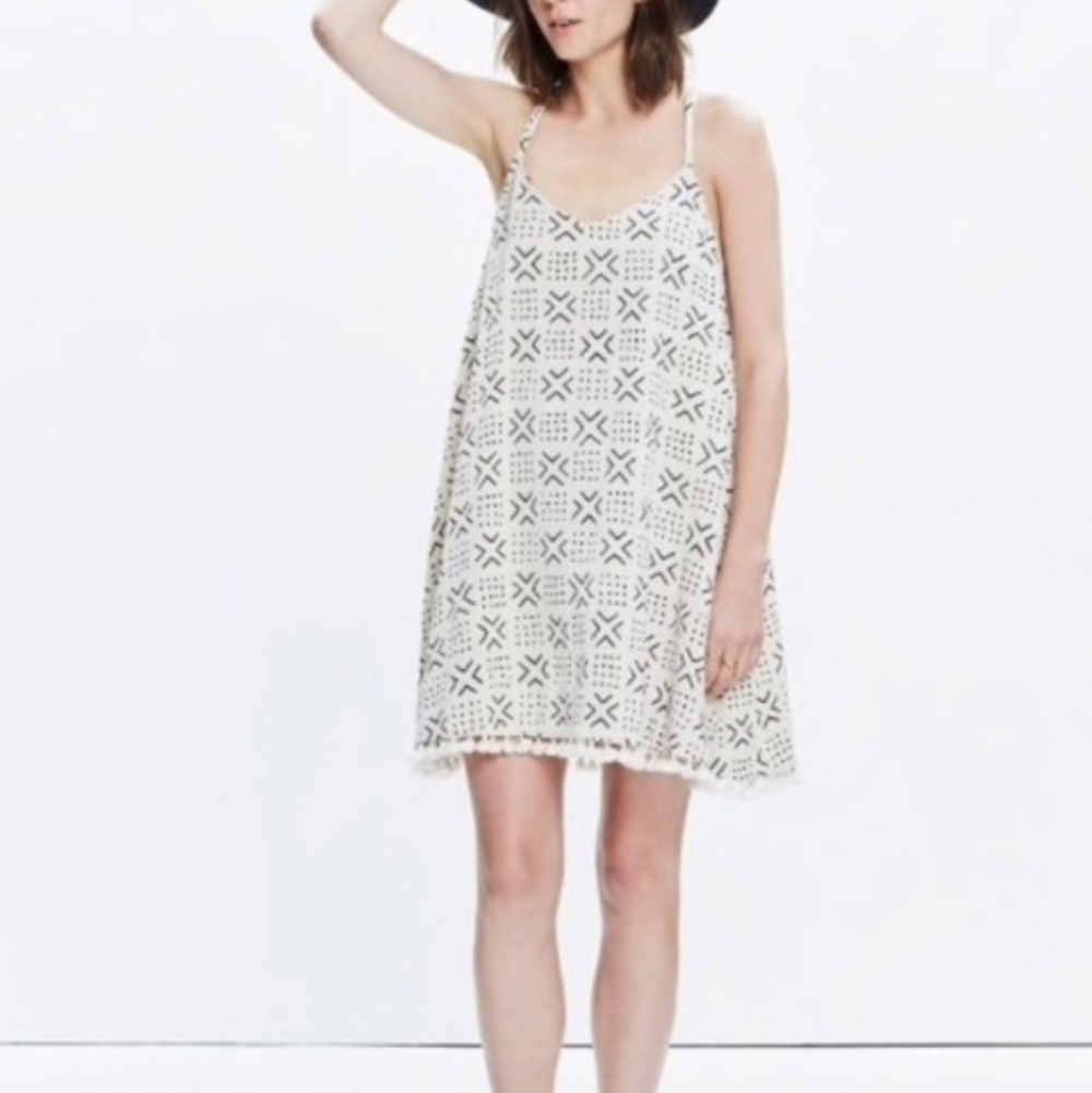 Madewell Shaka Tassel Trim Mini Dress Geometric Black & White 100% Cotton XS